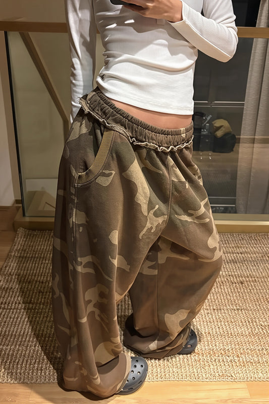 Brown Camouflage Wide Leg Cargo Pants