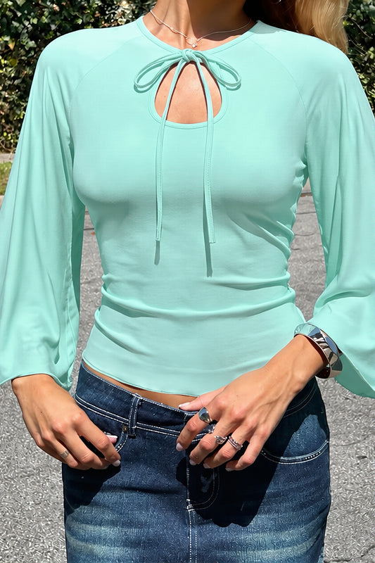 Tie Neck Keyhole Flare Sleeve T Shirt