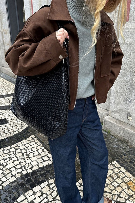 Brown Faux Suede Utility Zip Jacket