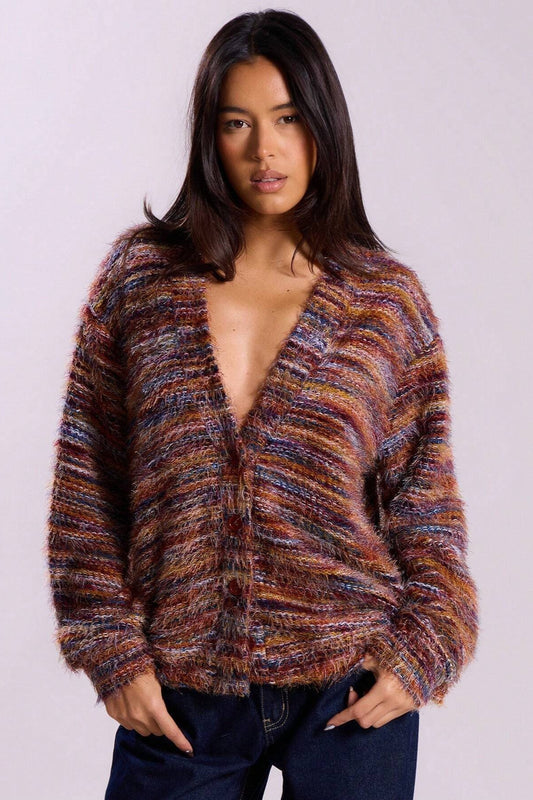 Neuer Retro-Strickcardigan mit tiefem V-Ausschnitt, Maillard-Muster, Plüschfutter und langen Ärmeln.