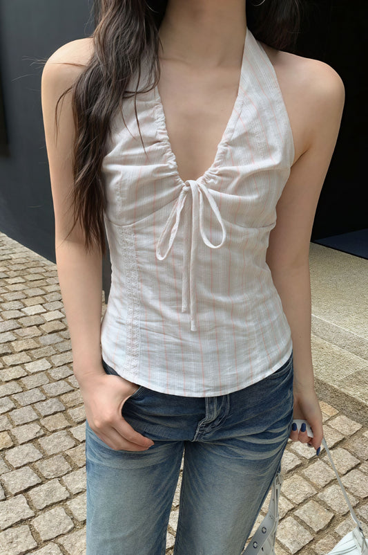 Vintage Striped Backless Tie Halter Top