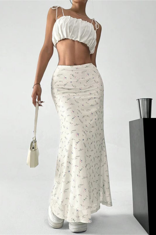 A-Linien-Midirock aus Satin mit Blumenmuster