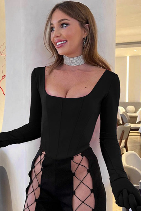Long-Sleeve Waist-Defined Fitted Crop Top