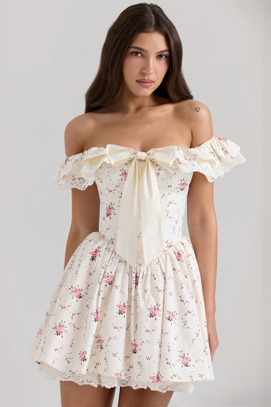 Floral Off Shoulder Bow Flare Mini Dress