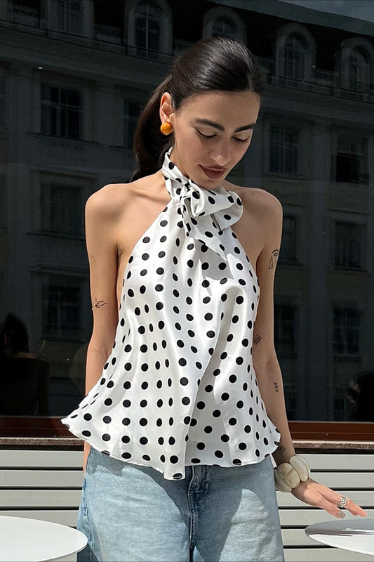 Rückenfreies Cami-Crop-Top aus Satin mit Polka Dot-Fliege