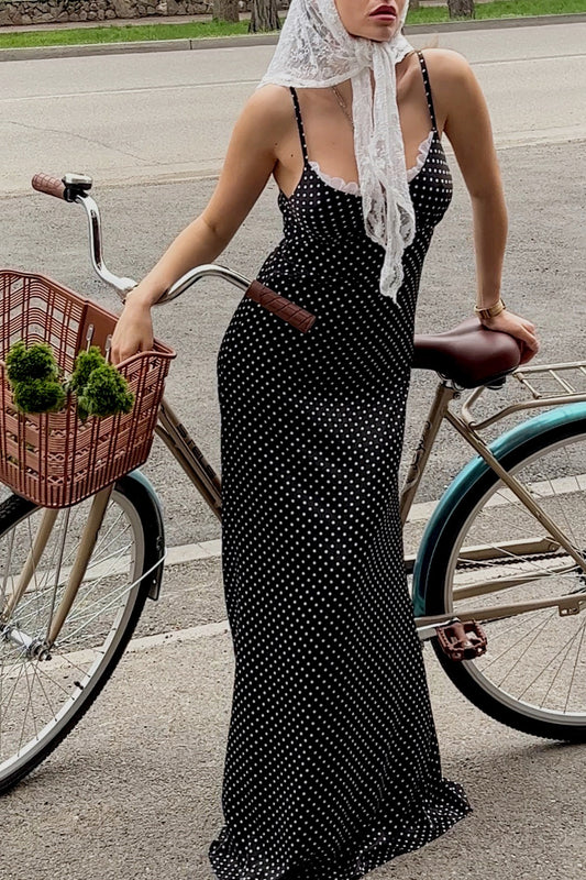 Camisole-Maxikleid mit Spitzenbesatz und Punkten