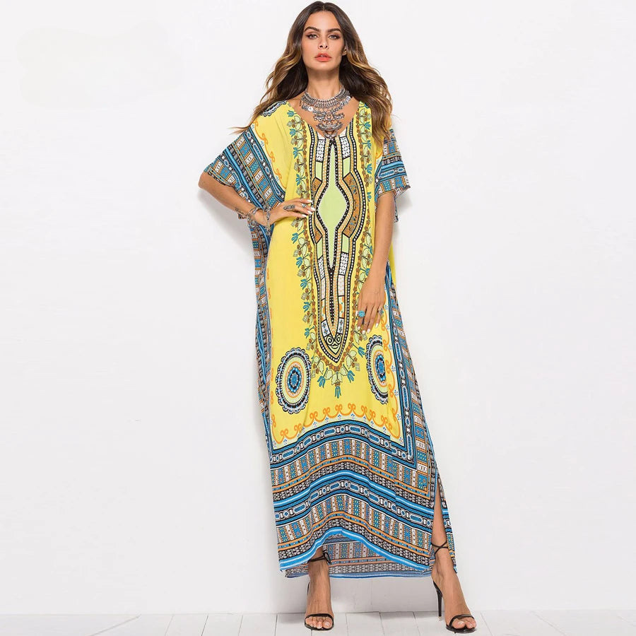 Maxi Kaftan Dress Rayon Ethnic Floral Print Beach Sundress bohodress-250126