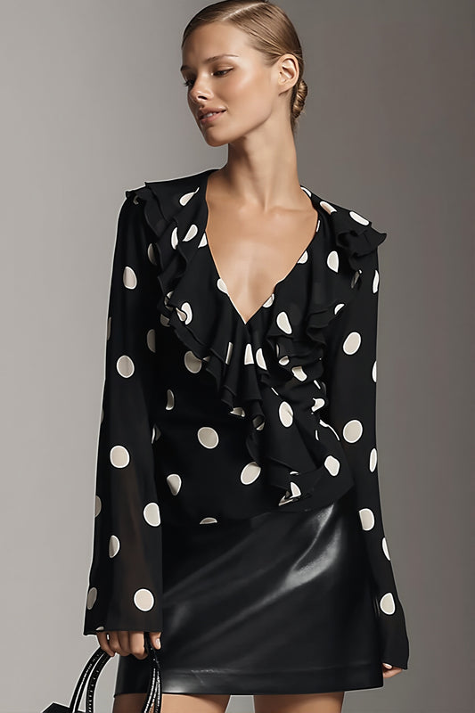 Polka Dot Ruffle Wrap Blouse