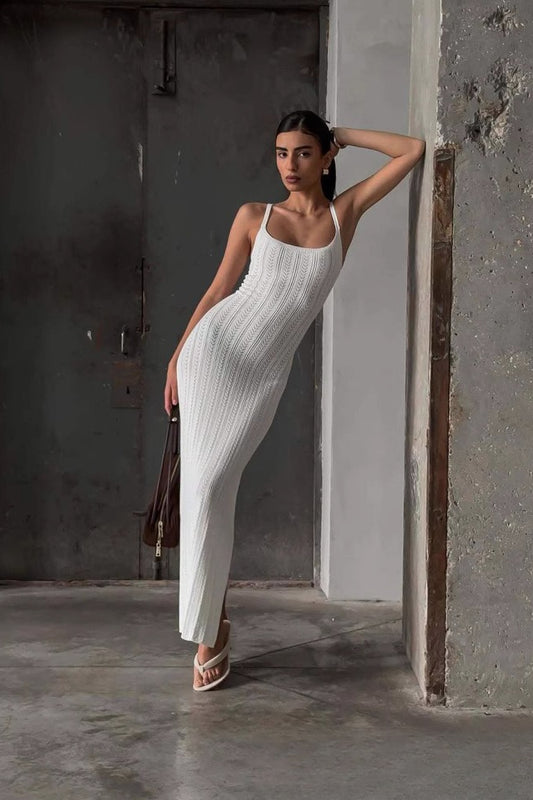 Geripptes Strick-Maxikleid mit U-Ausschnitt