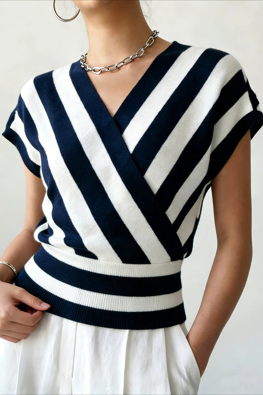Striped Wrap Waist Short Sleeve Cardigans