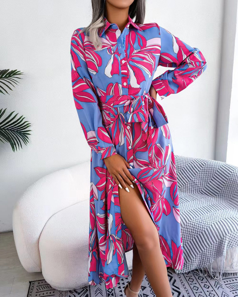 Floral Print Lapel Shirt Dress With Contrast Casual Dresses