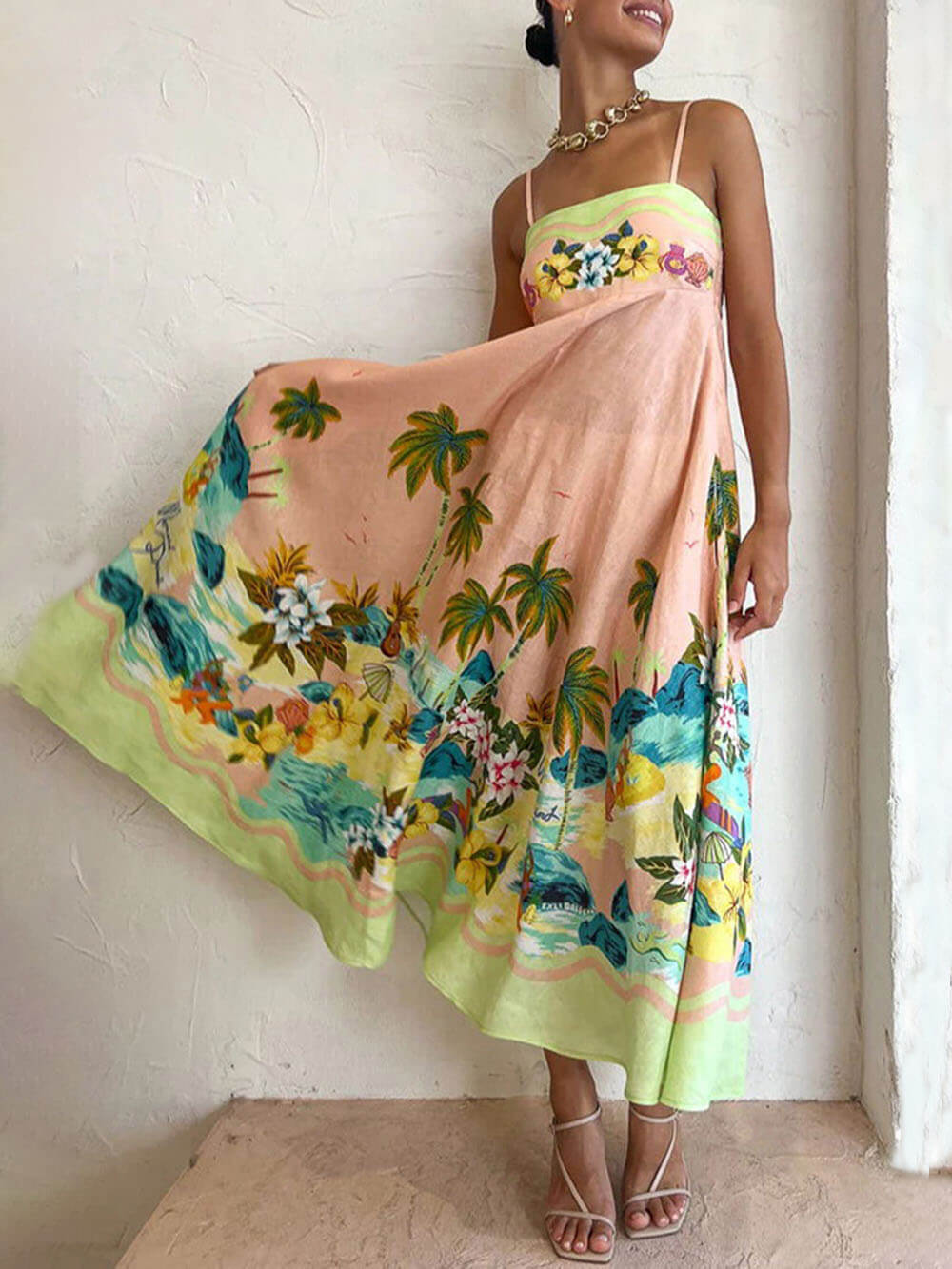 Sling Printed Stylish Casual Midi Dress Dresses