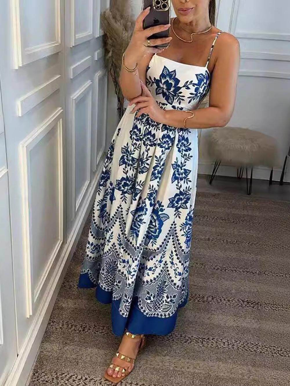 Floral Ethnic Print Back Graceful Smocked Loose Midi Dress Dresses