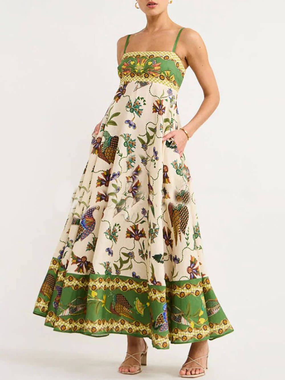 Sun Drenched Unique Print Graceful Smocked Back Pocketed Dress Dresses