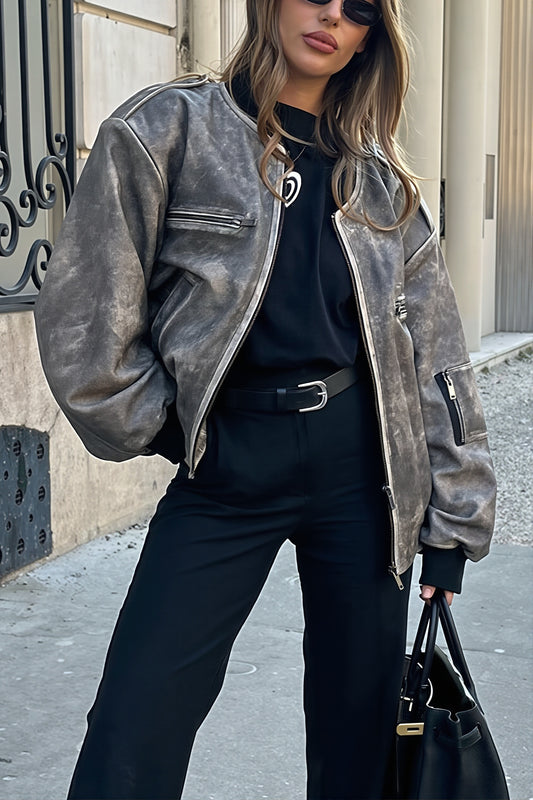 Washed Faux Leather Bomber Jacket