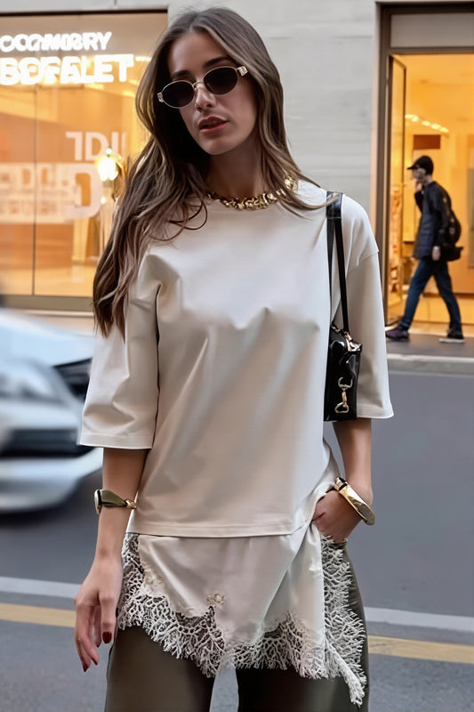 Lace Panel Asymmetric Hem T Shirt