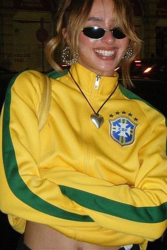 Farbblock-Sweatshirt mit Stickerei und lockerem Reißverschluss