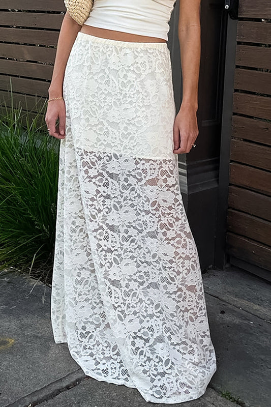 Weißer transparenter A-Linien-Rock mit hoher Taille aus Spitze