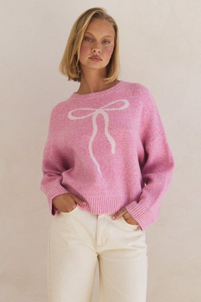 Bow Jacquard Crew-Neck Loose Casual Sweater