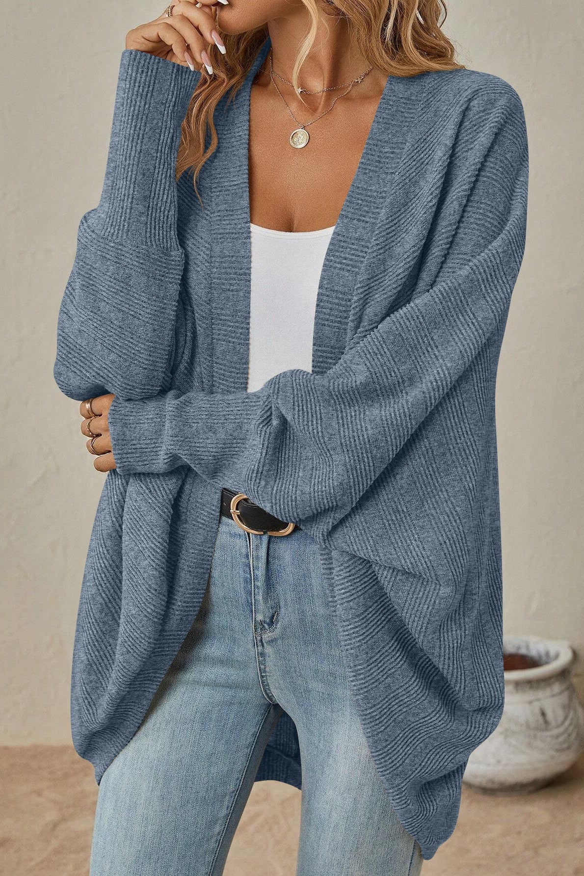 Solid Color Mid Length Cardigan S / Blue