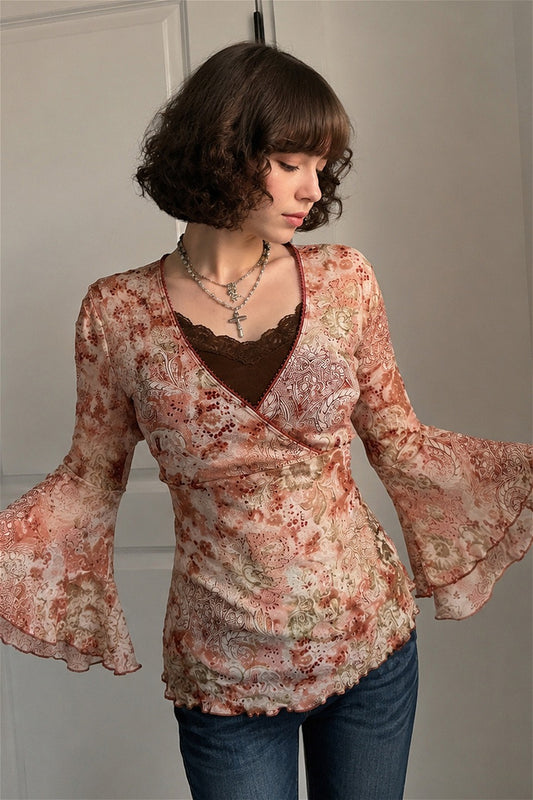 Floral Print Lace Inset Flared Sleeve Blouse