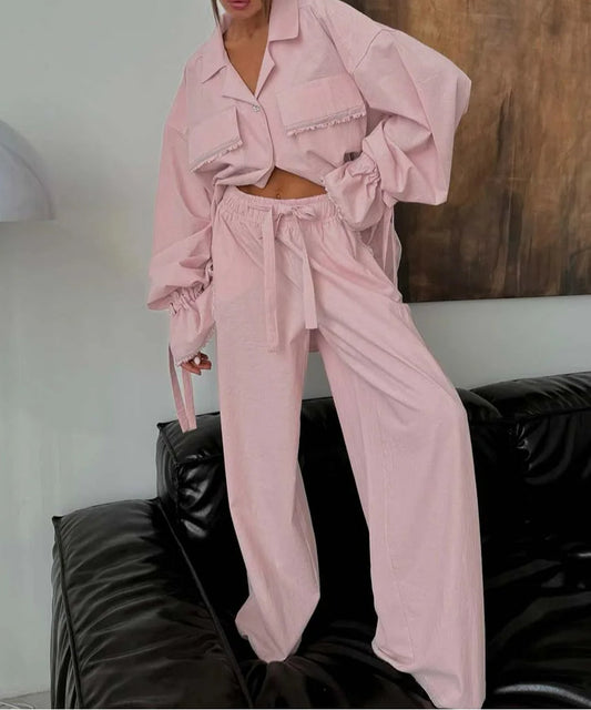 Rosafarbenes zweiteiliges Büro-Set aus Baumwolle mit Schnürung und Kordelzug