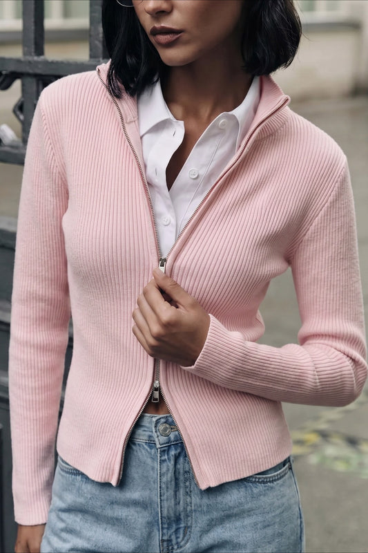 Double Zip Stand Collar Knit Cardigans