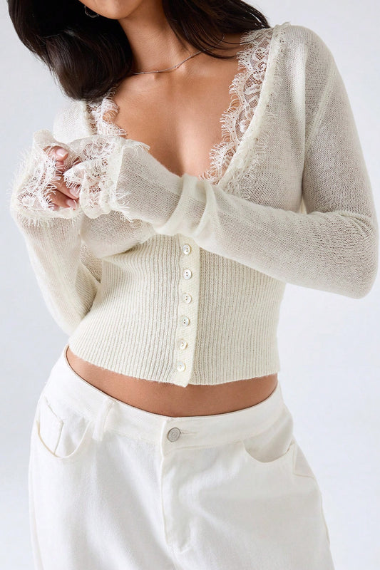 Lace Trim Deep V Neck Fitted Cardigan