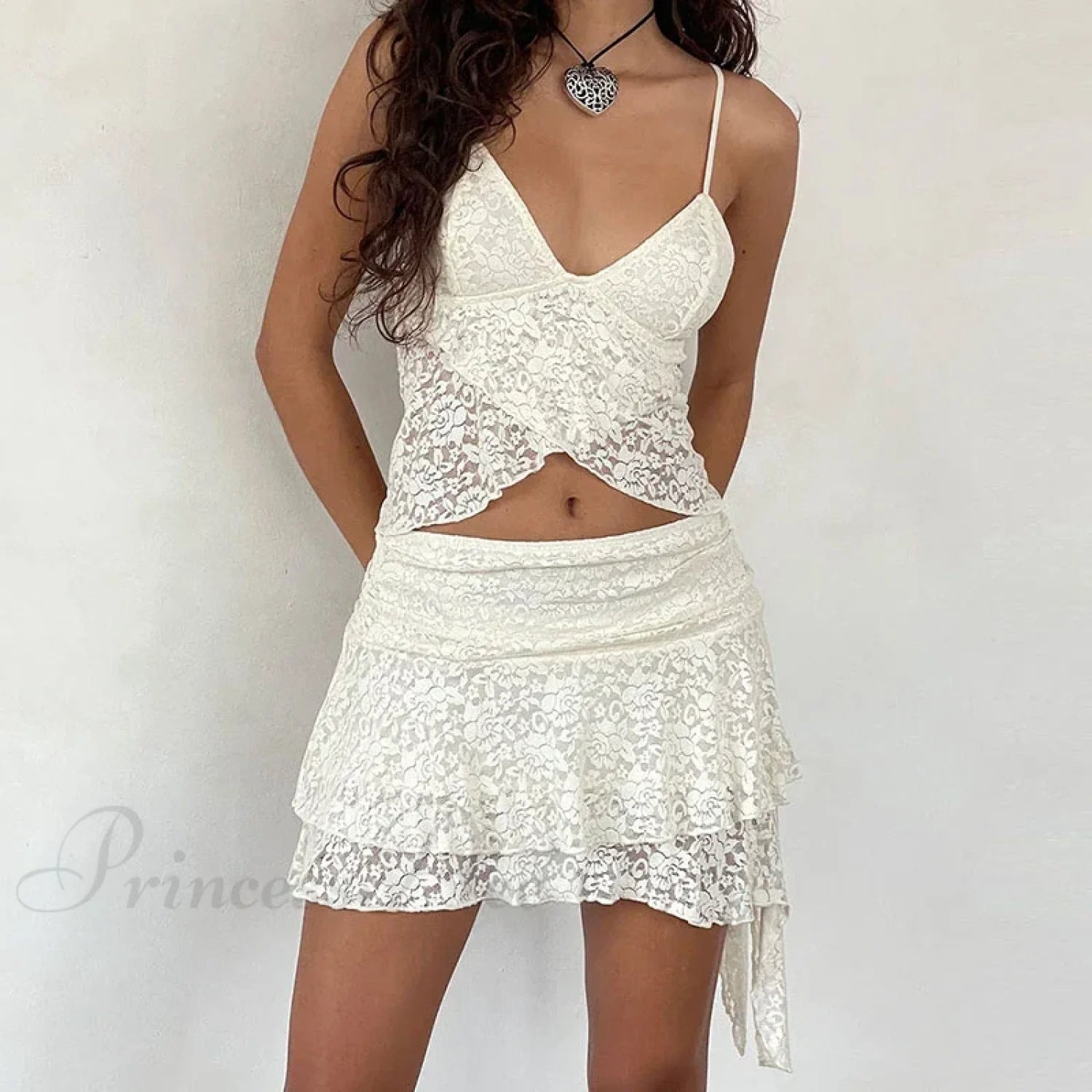 2 Piece Lace Sheer Outfits Flower Layered Crop Camis Tops + High Waist Irregular Hem Mini Skirt Party Club Night