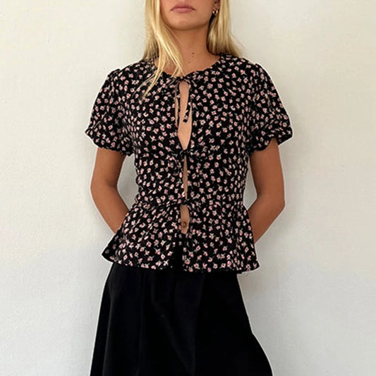 Crop Top mit Puffärmeln und Schleife