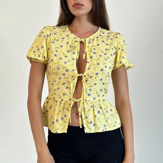 Crop Top mit Puffärmeln und Schleife