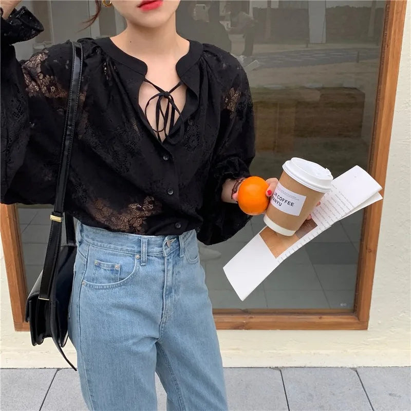 Carved Lantern Long Sleeve Lace Blouse Blusas blouse-250126