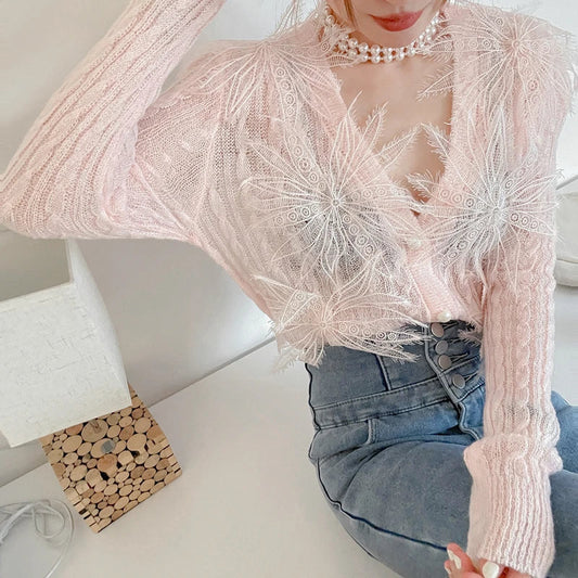 Sexy Embroidered Flower Knitted Blouse Party Blouse blouse-250126