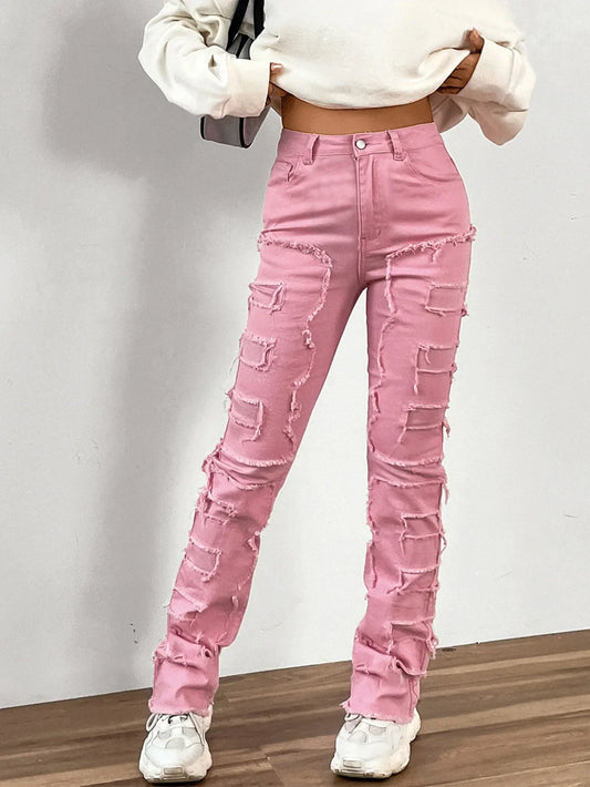 2024 New European And American Streetwise Stretch Patch For Women High Street Straight Fit Long