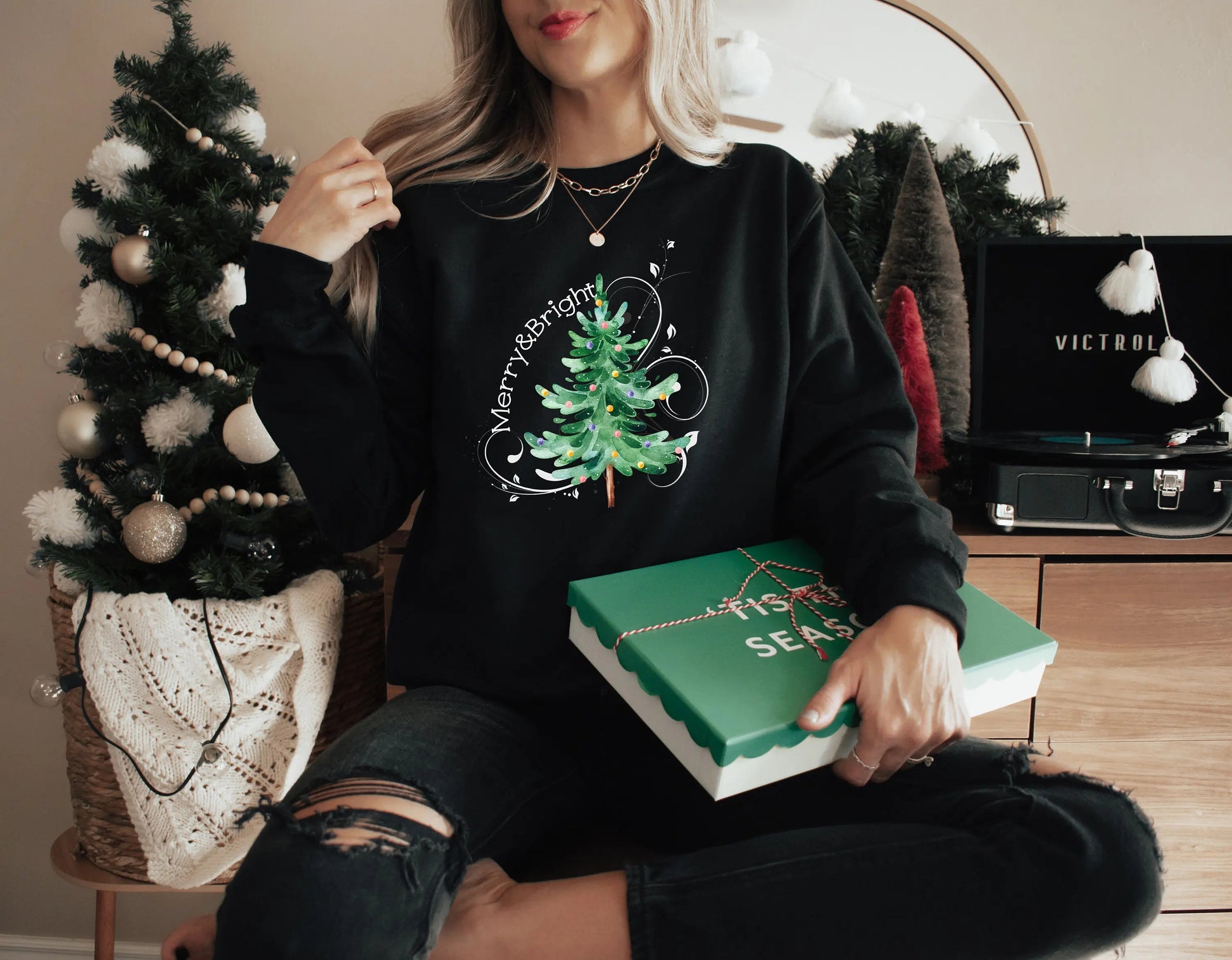 Merry Bright Light Tree Girl Christmas Hoodie Black / S Hoodies-L