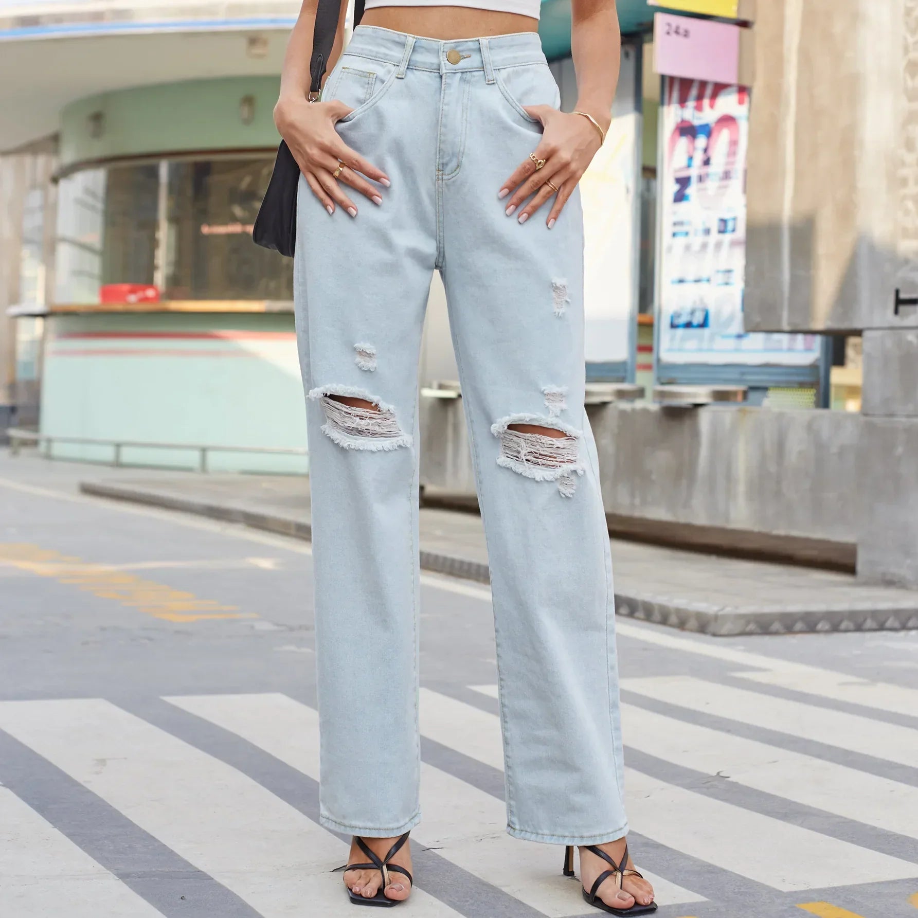 New Loose Retro Casual High Waist Ripped Wide Leg Street Fashionable Female Jean Blue / S