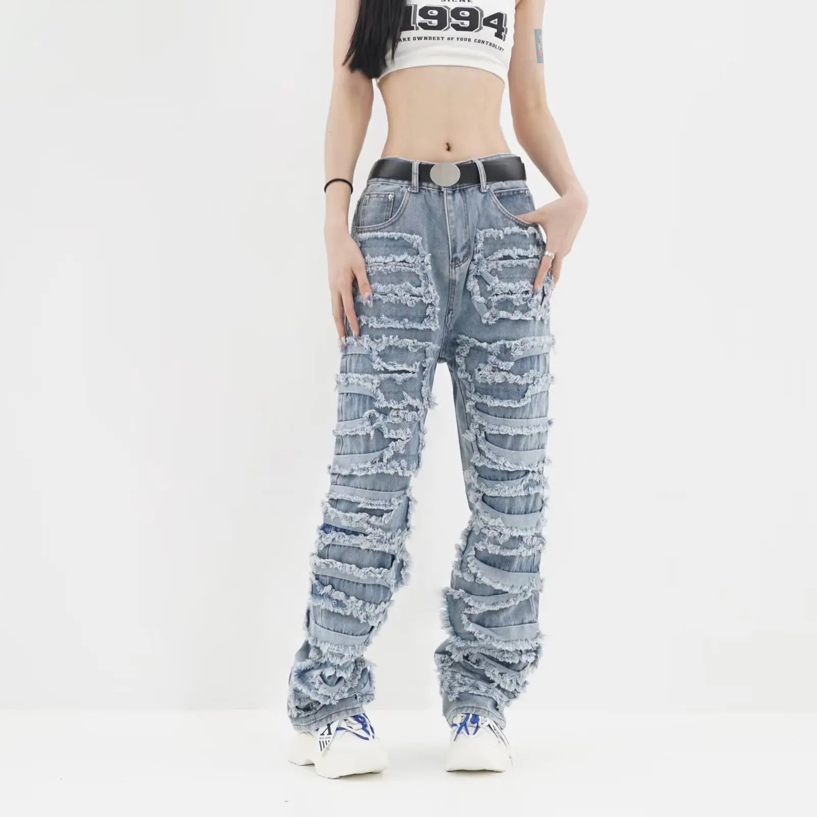 2024 Streetwear Stacked Clothing Y2K Baggy Ripped Hip Hop Straight Vintage Denim Jean