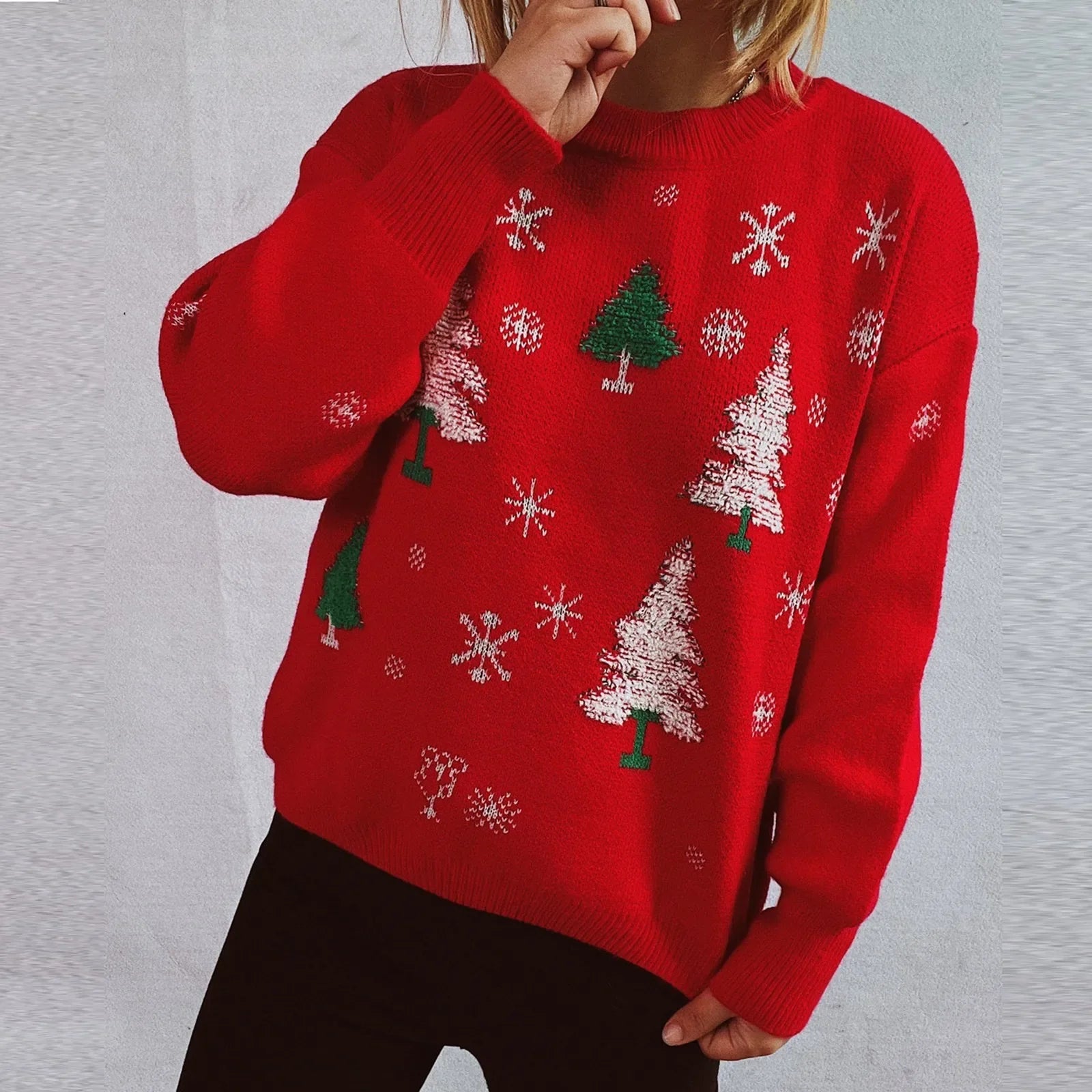 Thickened Color Blocked Hoodie Snowflake Loose Round Neck Christmas Sweater Sweaters-L
