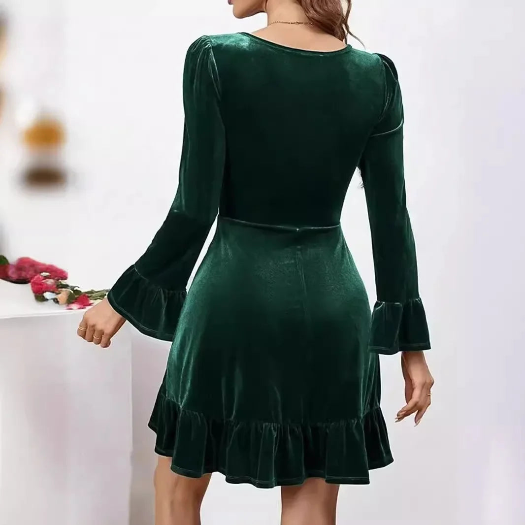 Autumn Winter A-Line Ruffles Elegant Party Golden Velvet Mini Nightdress Christmas Dress Dresses-L