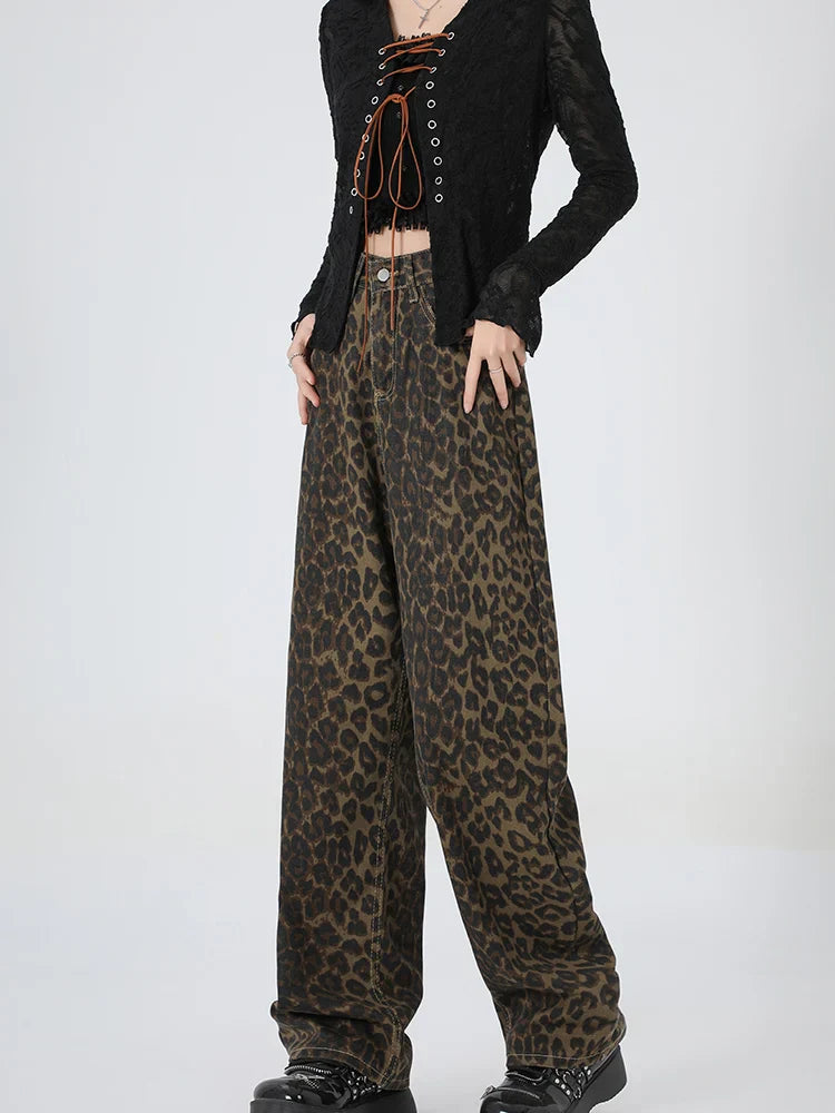 2024 New Leopard Print Wide Leg Women High Waisted Fashion Streetwear Retro Y2K Denim Baggy Casual