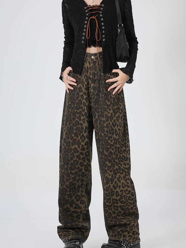 2024 New Leopard Print Wide Leg Women High Waisted Fashion Streetwear Retro Y2K Denim Baggy Casual