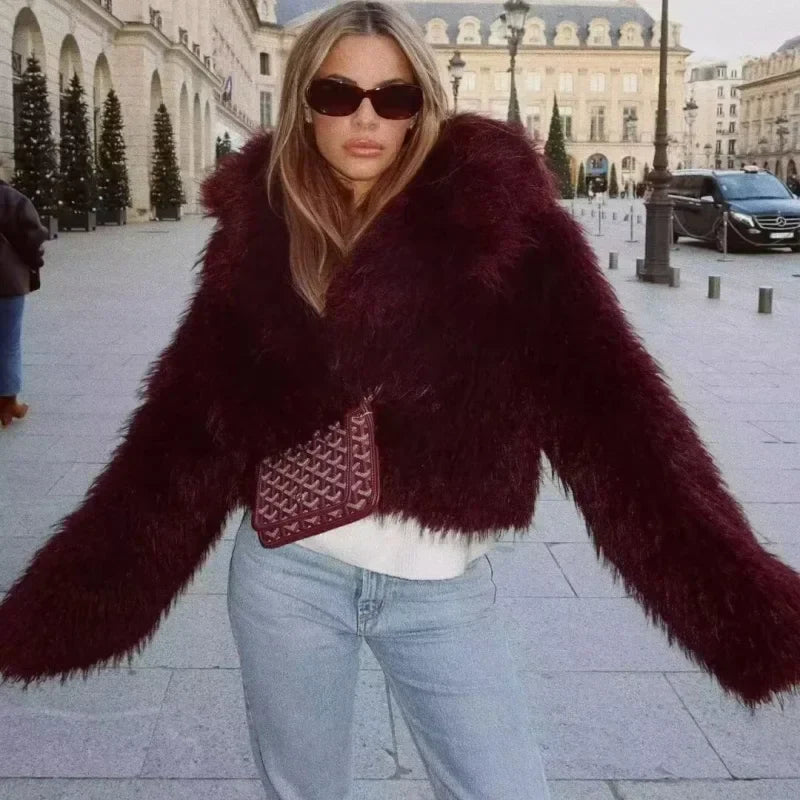 Wine Red Cropped Faux Fur Coat Claret / Xs Coats-241208