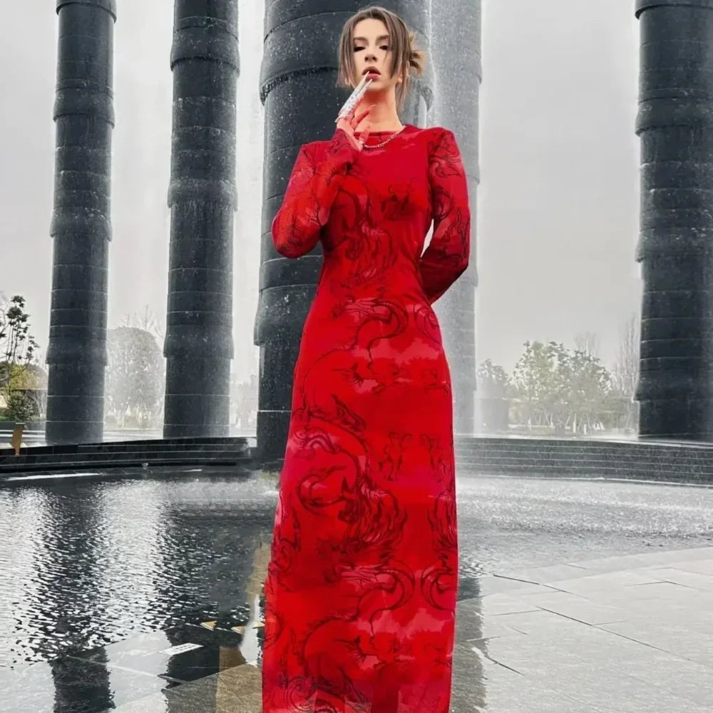 Versatile Limited Printed Screen Dress Women’s Fashion Style Year Loong Christmas Party Dresses-L