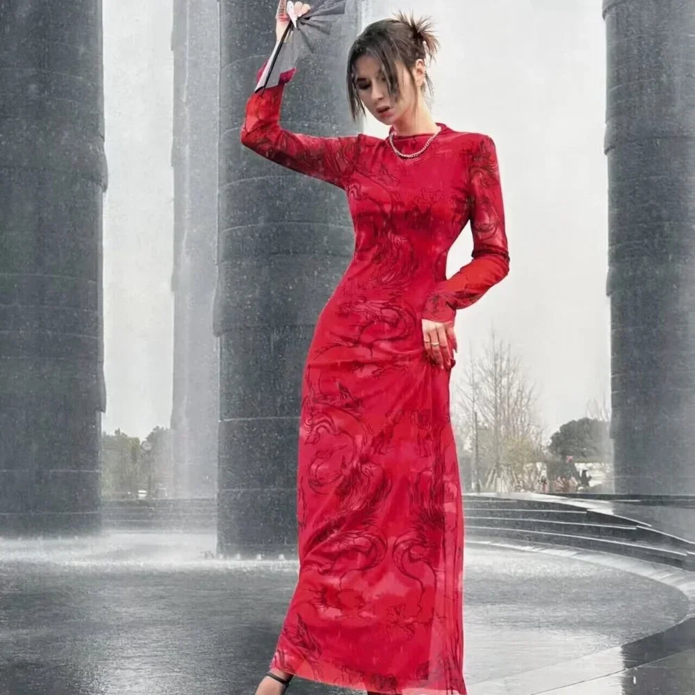 Versatile Limited Printed Screen Dress Women’s Fashion Style Year Loong Christmas Party Dresses-L