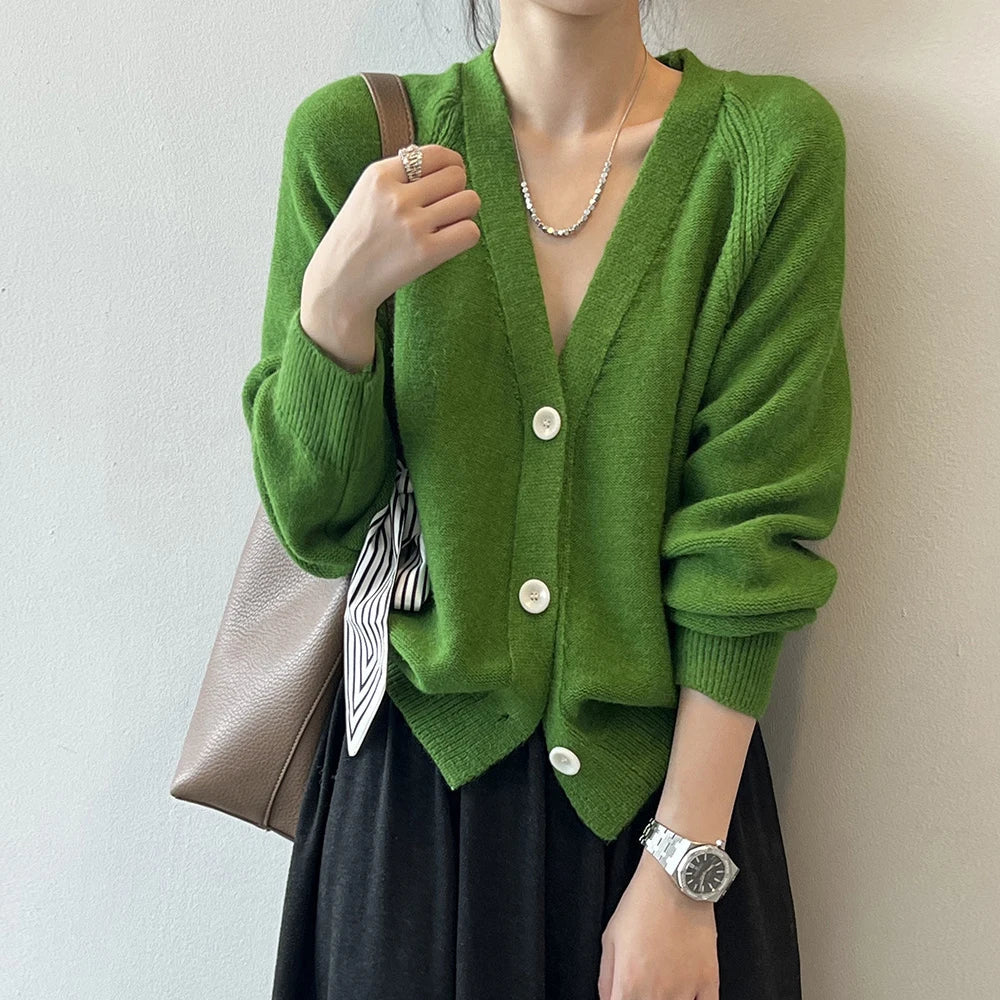V-Neck Single Button Knitted Green Cape Clothes Autumn Women Christmas Sweater / One Size Sweaters-L