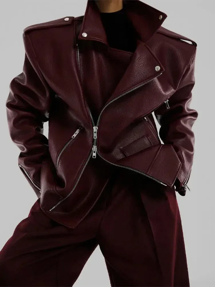 Pu Leather Double Zipper Coat Wine Red 1 / S Coats-241208
