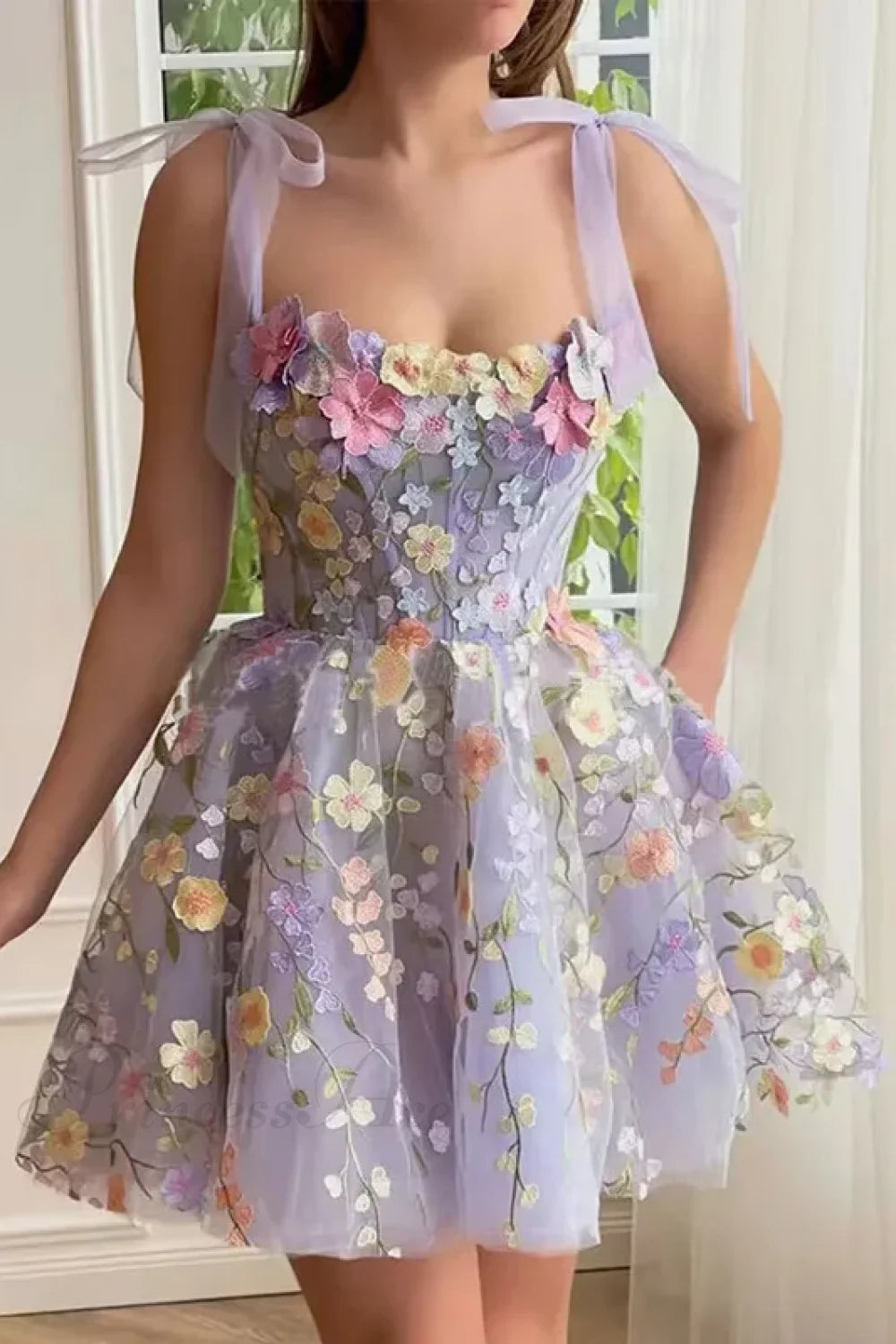 2024 Fashion Flower Embroidery Sexy Floral Dress Light Purple / S