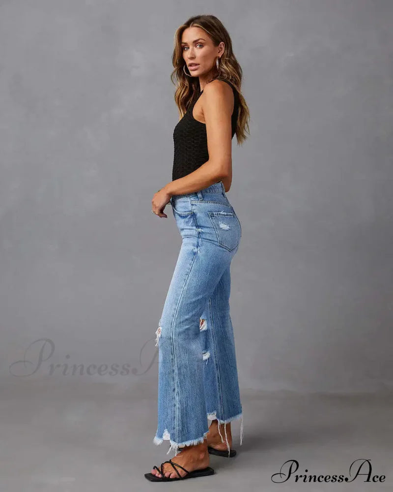 2024 New Fashion High Waist Straight Denim Vintage Tassel Women Baggy Spring Summer Blue Jean