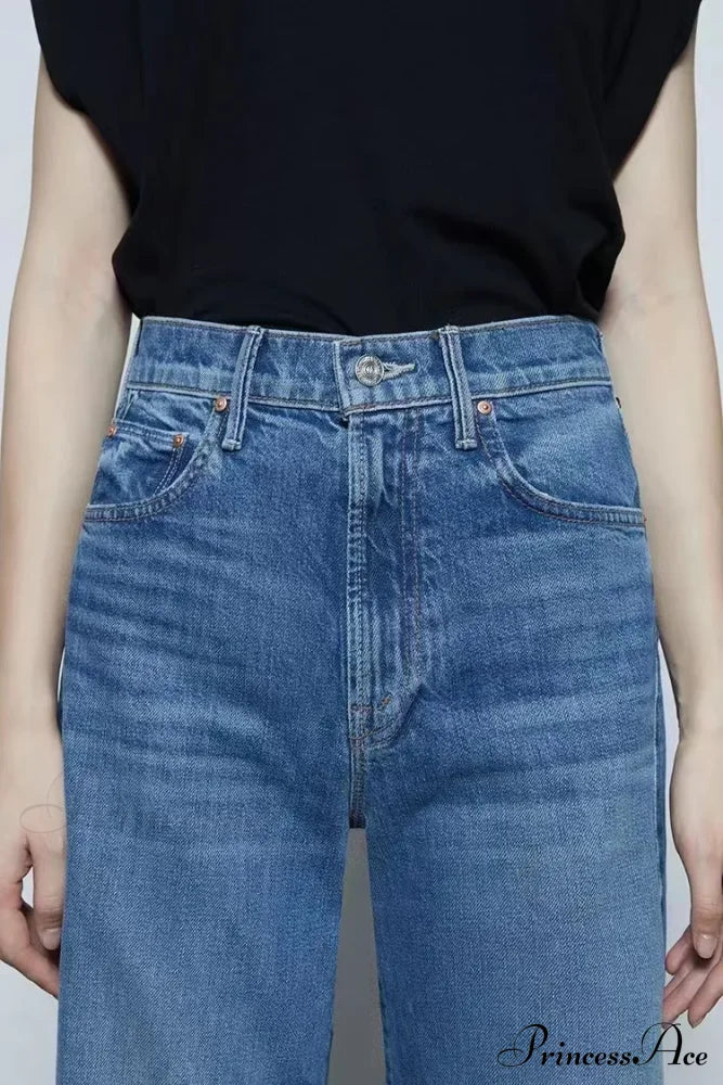 2024 New High-Waisted Wide-Leg Straight Women Solid-Color Embroidered Letter Denim Long Jean