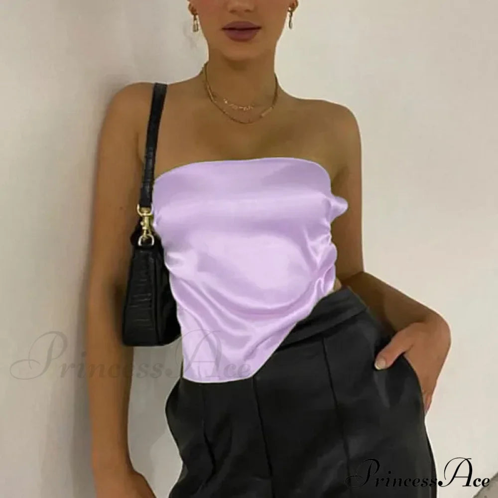 2024 Satin Backless Crop Women Green Summer Cami Bandage Sleeveless Strapless Off Shoulder Tank Top